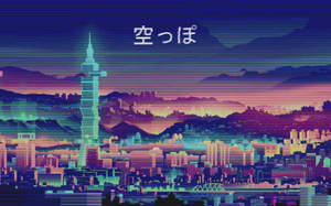 日落時帶有故障效果的霓虹城市天際線，疊加日文字幕。 — 美學電腦 壁紙