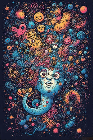 一個藍色超現實生物，擁有由卡通面孔和宇宙形狀組成的漩渦鬃毛。 — iPhone 4 壁紙