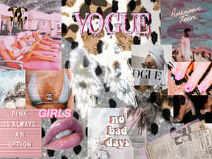 以粉紅色為主題的時尚拼貼畫，包含Vogue、嘴唇和天使翅膀。