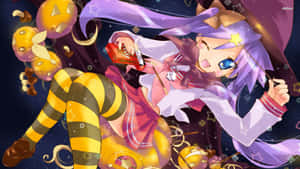 穿著萬聖節服裝的動漫女孩在星空下與南瓜燈跳舞