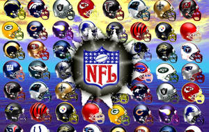 NFL 球隊頭盔以圓形圖案排列在聯盟標誌周圍。