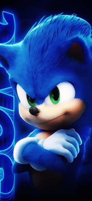 藍色刺猬角色Sonic，綠色眼睛，在霓虹燈環境中交叉雙臂。 — OnePlus 壁紙
