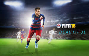 足球運動員在夜間比賽中於燈光球場上奔跑，背景模糊，帶有FIFA 16品牌標誌。