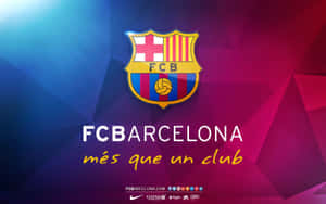 FC巴塞隆拿會徽，帶有「més que un club」口號，置於彩色幾何背景上。