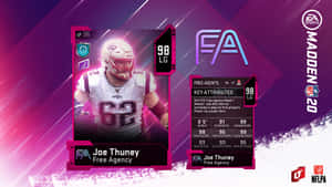 Joe Thuney 的 Madden 20 NFL 球員卡，顯示統計數據和球隊詳細資訊。