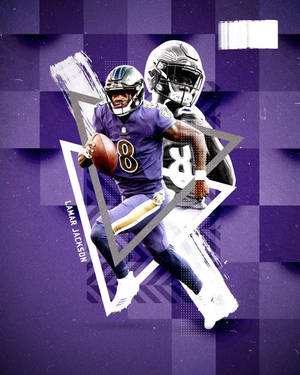 Lamar Jackson 身穿紫色 Ravens 制服，在風格化的數碼藝術設計中持球奔跑。