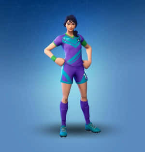 身穿紫色和藍綠色欖球制服的女Fortnite角色自信地擺姿勢。