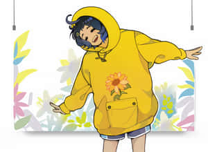 動漫女孩穿著黃色連帽衫，帶有向日葵圖案，在花卉背景前跳舞。