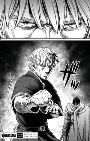 一個漫畫戰士用兇猛的眼神揮出一拳，而另一個人物站在他身後。