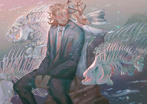 一個穿著西裝的鹿頭男人坐在水下發光的魚骨頭中。