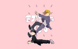 兩個穿著校服的動漫男孩在粉紅色背景上半空中打鬥。