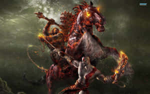 Kratos 在黑暗森林中與騎著燃燒馬匹的燃燒惡魔戰鬥。