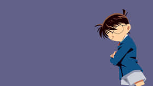 動漫男孩穿著藍色校服，戴著眼鏡，自信地站在紫色背景前。