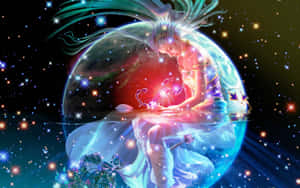 一個發光的人物，長髮飄逸，在星空宇宙背景下抱著一隻天蠍。 — Astroworld GIF 壁紙