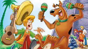 Scooby Doo 和 Shaggy 在熱帶場景中與朋友們手持沙槌和結他跳舞。