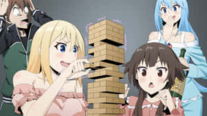 四個動漫女孩玩層層疊，表情震驚和驚訝。
