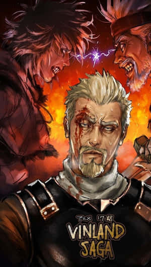 來自《Vinland Saga》漫畫的三個戰士在火熱的戰鬥場景中。