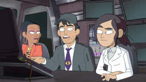 三個動畫角色在科幻控制室內，嚴肅地看著顯示器。