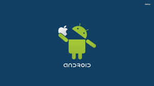 綠色Android吉祥物在藍色背景上手持Apple標誌，並帶有Android文字。