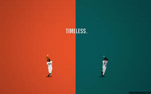 兩名風格化的棒球運動員在橙色和藍綠色背景上接球，帶有「timeless」字樣。