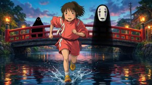 穿紅衣的女孩跑過橋，戴面具的幽靈在暮色中在她身邊。