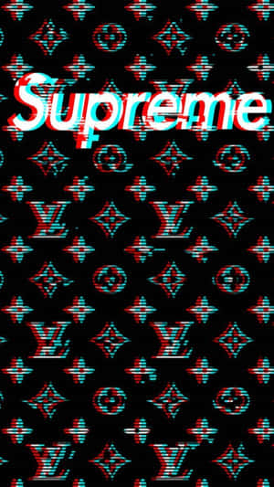 Supreme標誌帶有故障效果，覆蓋在重複的路易威登字母組合圖案上。 — 路易威登 壁紙