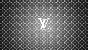 Louis Vuitton 字母組合圖案牆紙，帶有中央標誌和品牌名稱。
