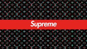 紅色Supreme標誌在黑色LV字母組合故障圖案壁紙上。