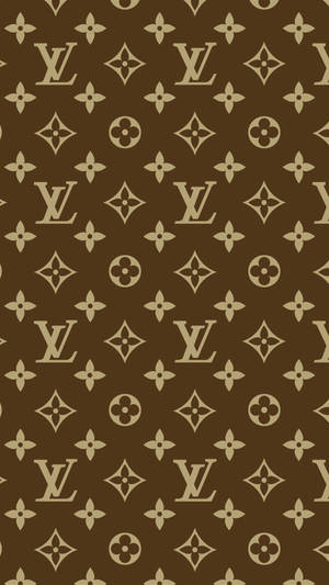 棕色 Louis Vuitton 字母組合圖案牆紙，帶有重複的標誌和花卉設計。