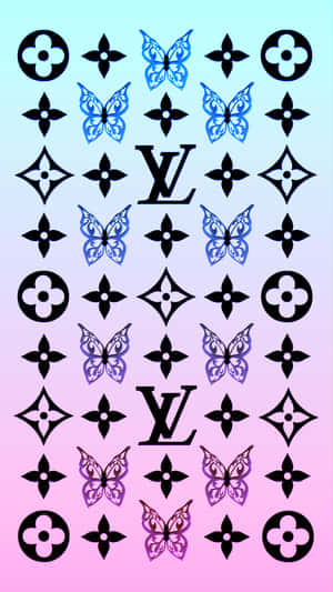 牆紙上帶有重複的 Louis Vuitton 標誌和蝴蝶，背景為粉紅色至藍色漸變。