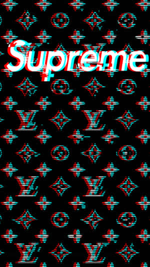帶有故障效果的Supreme標誌覆蓋在Louis Vuitton字母組合圖案上。 — 路易威登 壁紙