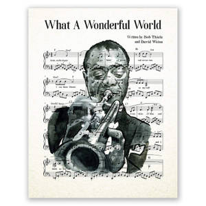 一幅水彩插圖，描繪一名小號手在《What A Wonderful World》的樂譜上演奏。 — 黑白 壁紙