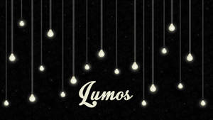 懸掛的發光燈泡，在深色圖案背景上帶有「Lumos」文字。