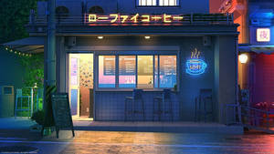 一間充滿活力的霓虹咖啡店在夜晚閃耀，濕漉漉的人行道映出倒影。