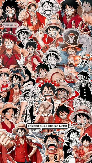 One Piece動畫角色以色彩繽紛的貼紙拼貼畫形式呈現，包含文字和表情。 — 美學拼貼 壁紙