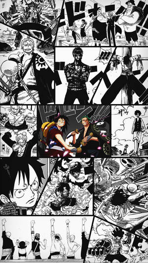 《One Piece》的黑白漫畫面板，特色是激烈的動作和富有表現力的角色。 — 美學拼貼 壁紙