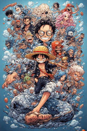 蒙奇·D·路飛和他的海賊船員以動漫風格從煙霧雲中出現。