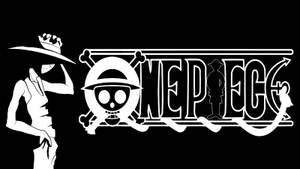 One Piece 動畫標誌，白色骷髏頭和海盜剪影在黑色背景上。 — 海賊王 壁紙