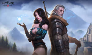 獵魔士和女巫在奇幻山景中，魔法光芒閃耀