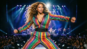 Beyoncé 穿著色彩繽紛的條紋服裝，在燈光璀璨的舞台上，在人群面前跳舞。 — Beyoncé 壁紙