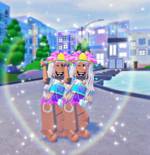 兩個微笑的Roblox角色在色彩繽紛的城市中與彩虹和閃光一起跳舞。