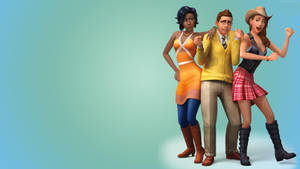 三個動畫 Sims 角色穿著色彩繽紛的服裝一起擺姿勢。 — 卡通 壁紙