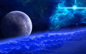 藍色星雲在繁星點點的天空中照耀著一顆漂浮的行星，下方有雲層。