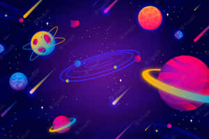 充滿活力的宇宙場景中，色彩繽紛的卡通行星和流星。