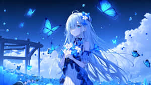 銀色頭髮的動漫女孩，在繁星點點的夜空下，手持白色花朵，被發光的藍色蝴蝶環繞。 — 可愛動漫女仔 壁紙