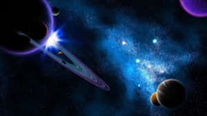 充滿活力的宇宙場景，發光的行星環和星星在深藍色太空中旋轉。