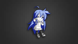 深灰色背景上穿著白色服裝的藍髮Q版動漫女孩