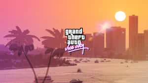 Grand Theft Auto Vice City 日落場景，有棕櫚樹、船隻和城市天際線。