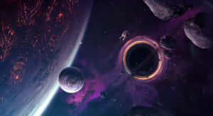 太空人在發光的蟲洞附近，周圍有行星和小行星在深空中。