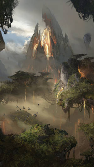 一座發光的山峰聳立在迷霧叢林之上，鳥兒在空中飛翔。